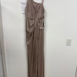 Adrianna Papell One-Shoulder Metallic Taupe Evening Gown